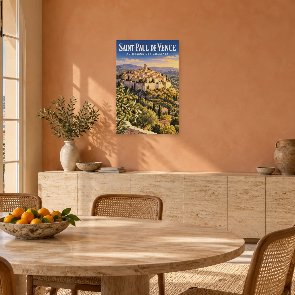 Affiche Saint-Paul-de-Vence - Au-dessus des collines dans une salle à manger - Art Virtuoso