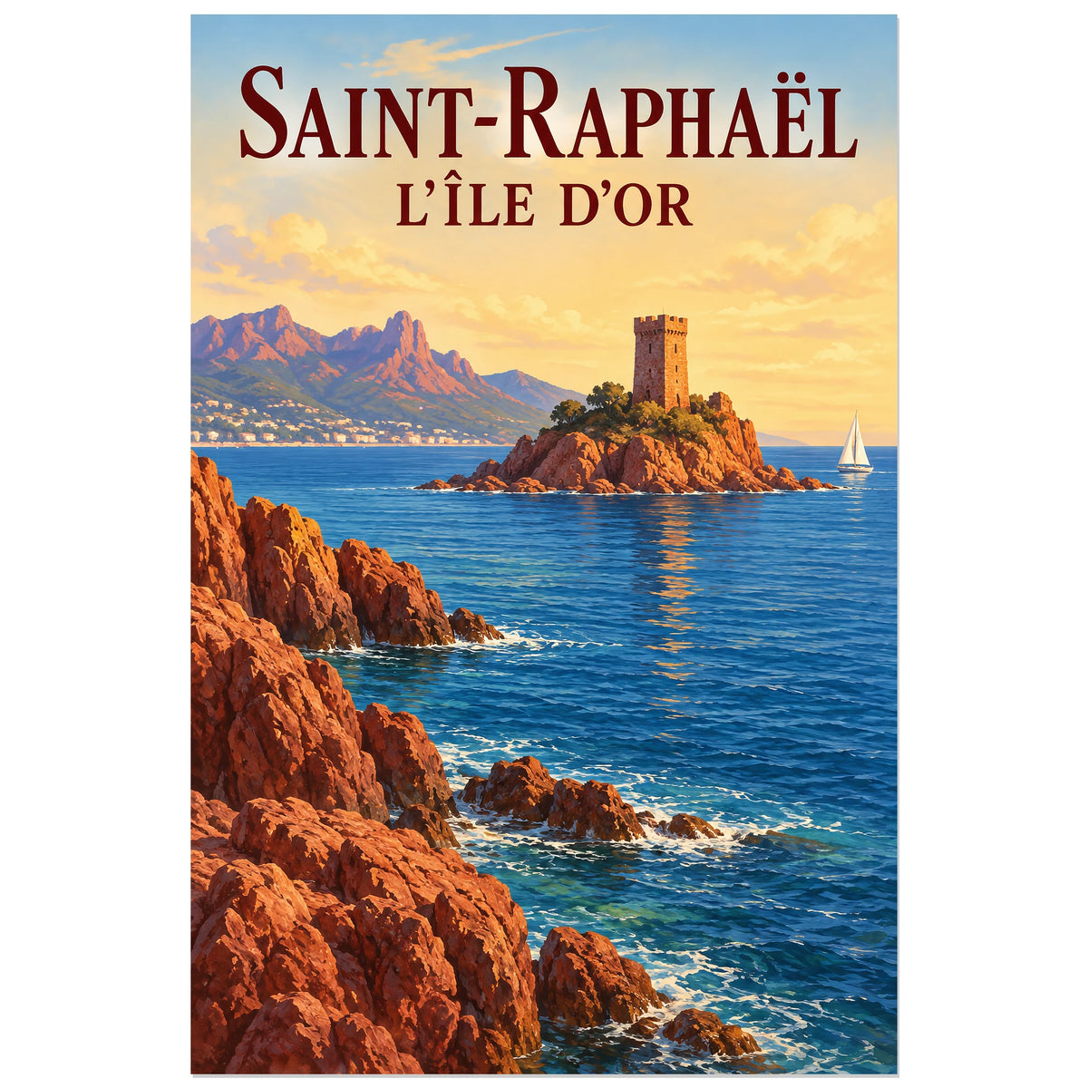 Affiche Saint-Raphaël - L'Île d'Or, illustration peinte / affiche de voyage rétro verticale, format 40 × 60 cm