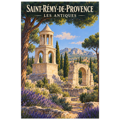 Affiche Saint-Rémy-de-Provence Les Antiques, illustration peinte / affiche de voyage rétro verticale, format 40 × 60 cm