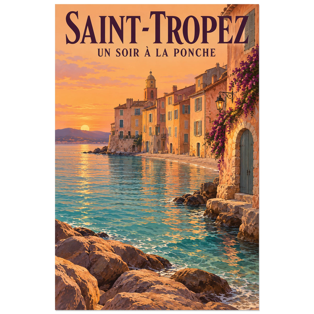 Affiche Saint-Tropez - Un soir à la Ponche, illustration peinte / affiche de voyage rétro verticale, format 30 × 45 cm