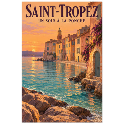 Affiche Saint-Tropez - Un soir à la Ponche, illustration peinte / affiche de voyage rétro verticale, format 40 × 60 cm