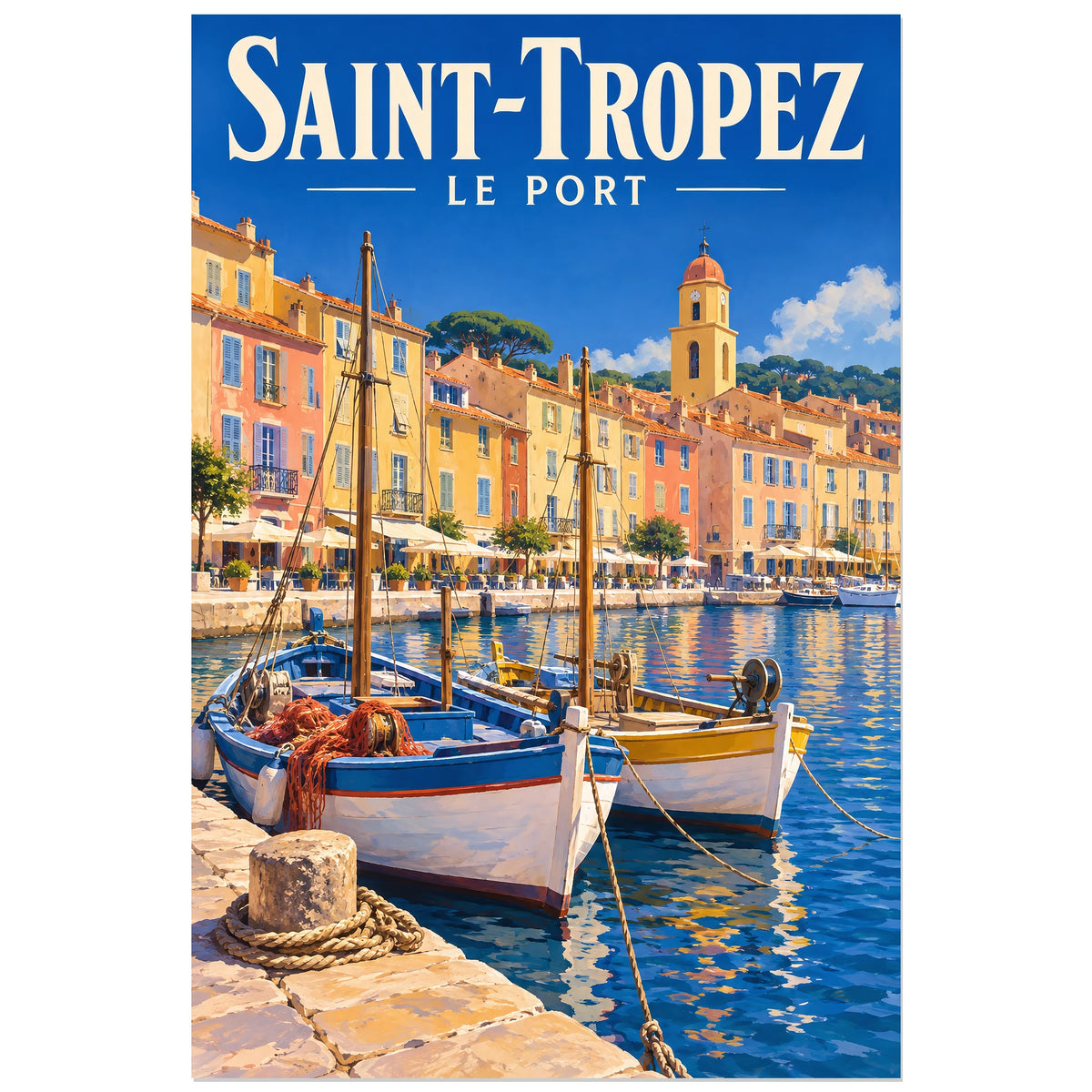 Affiche Saint-Tropez - Le port et le clocher, illustration peinte / affiche de voyage rétro verticale, format 30 × 45 cm
