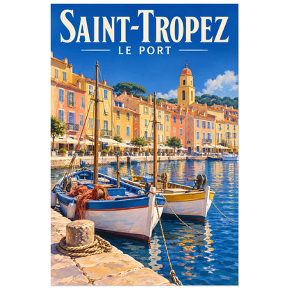 Affiche Saint-Tropez - Le port et le clocher, illustration peinte / affiche de voyage rétro verticale, format 30 × 45 cm