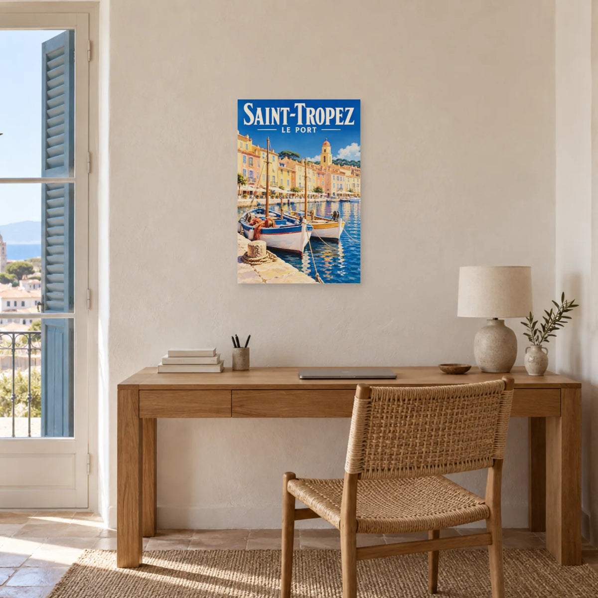 Affiche Saint-Tropez - Le port et le clocher dans un bureau - Art Virtuoso