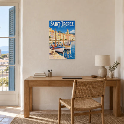 Affiche Saint-Tropez - Le port et le clocher dans un bureau - Art Virtuoso