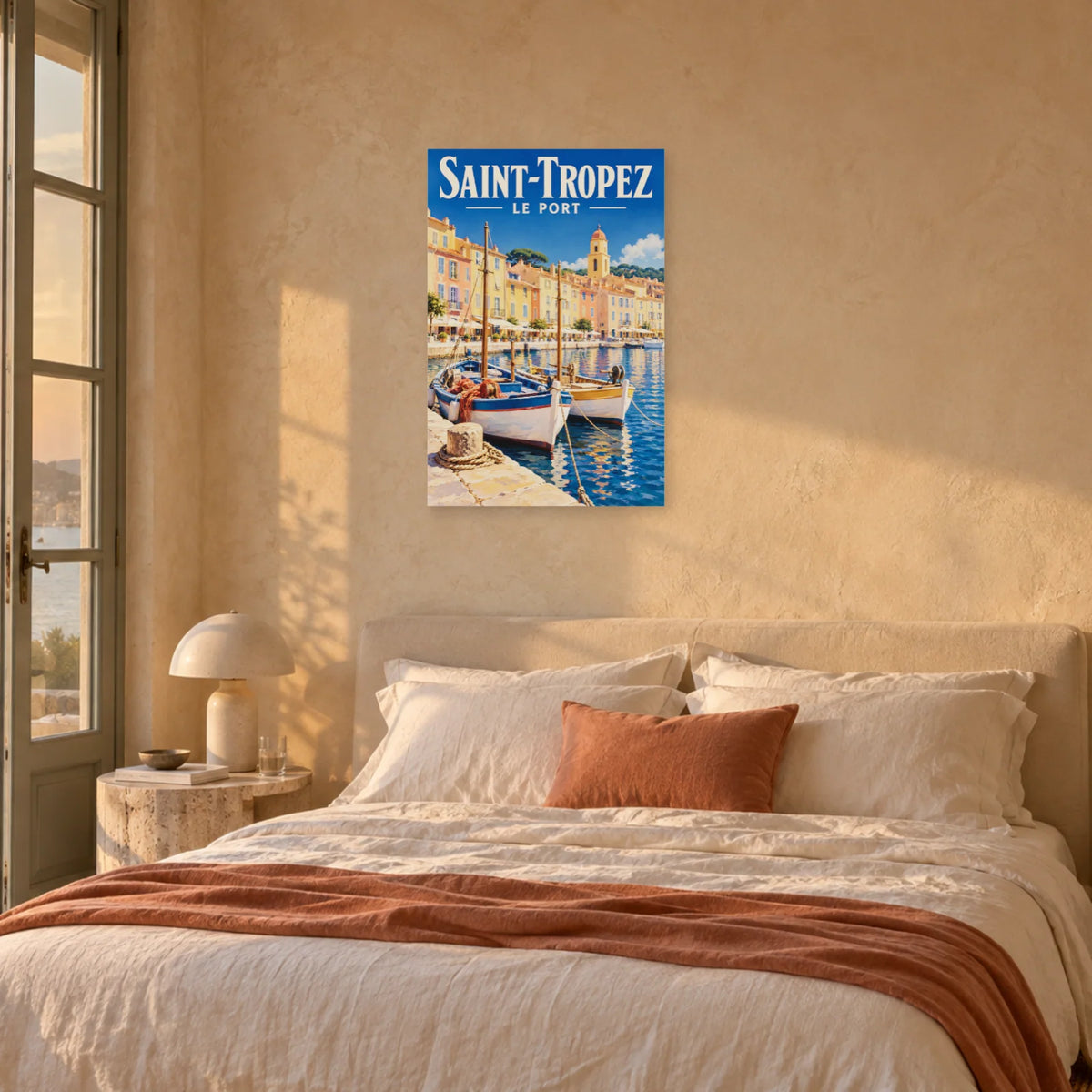 Affiche Saint-Tropez - Le port et le clocher dans une chambre - Art Virtuoso