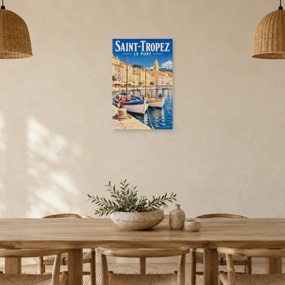 Affiche Saint-Tropez - Le port et le clocher dans une salle à manger - Art Virtuoso