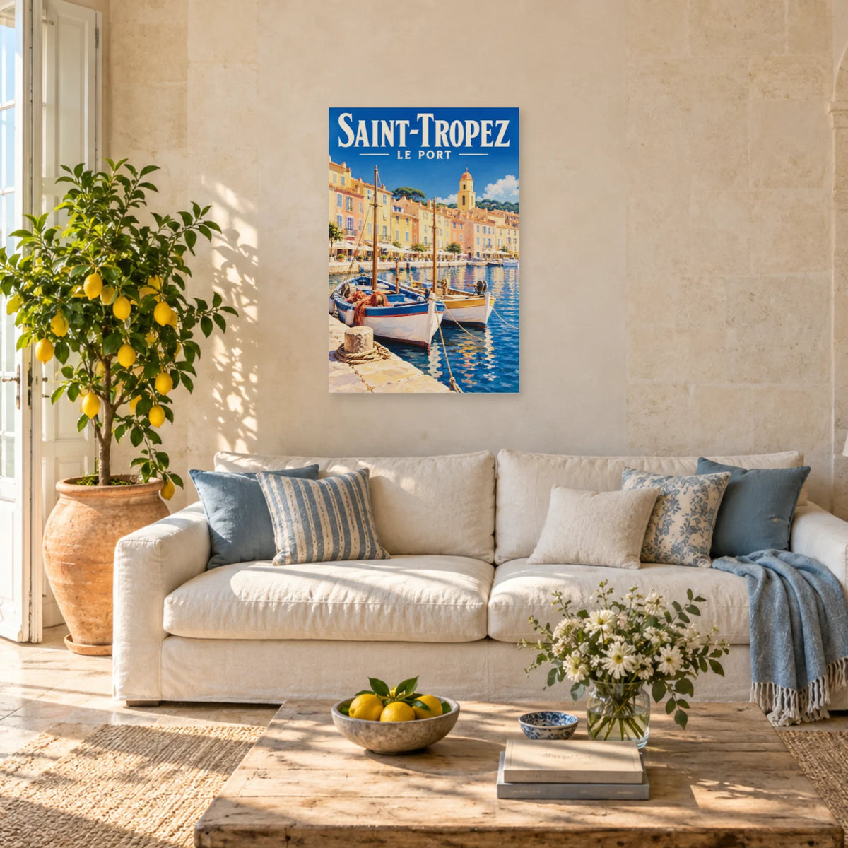 Affiche Saint-Tropez - Le port et le clocher dans un salon - Art Virtuoso