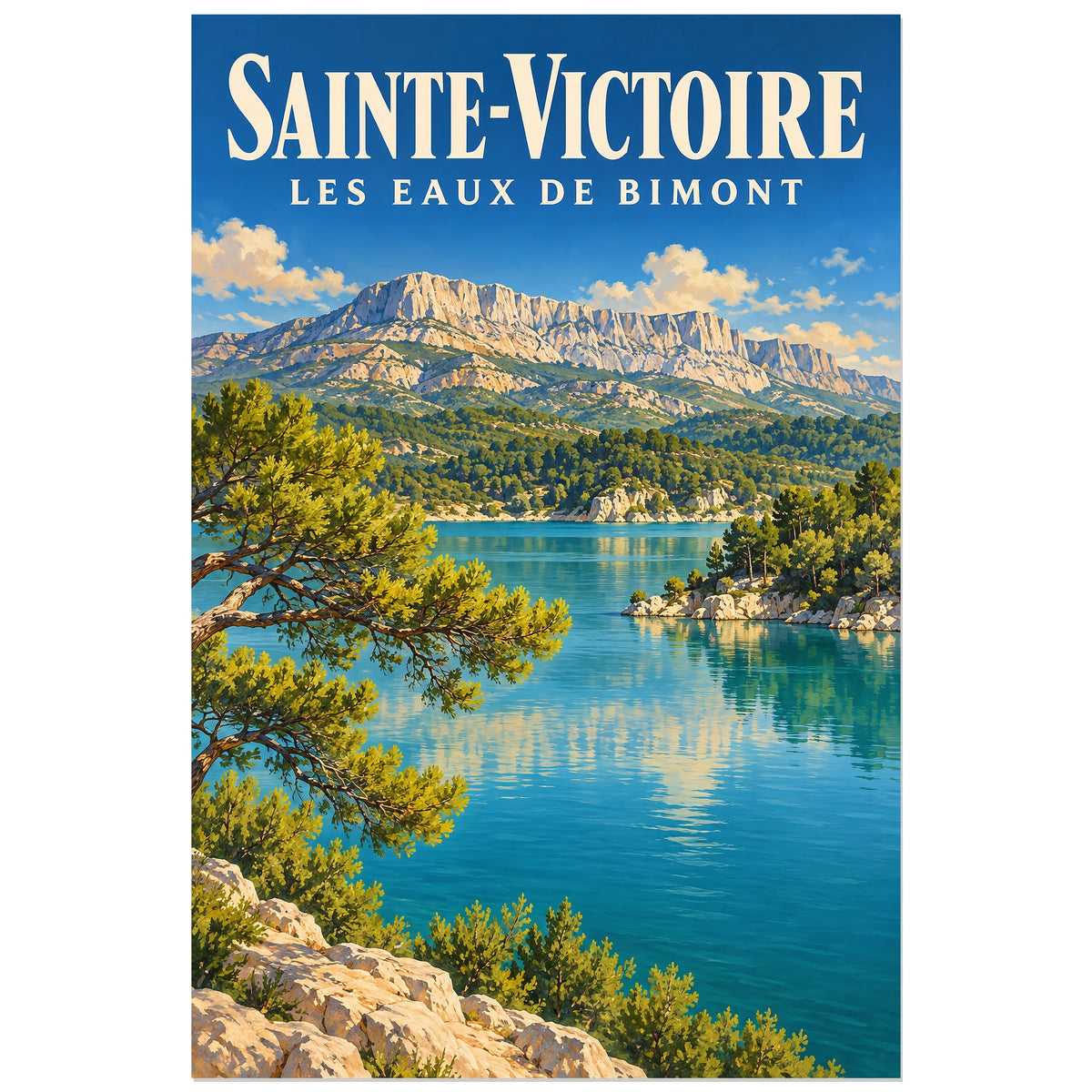 Affiche Sainte-Victoire Eaux de Bimont, illustration peinte / affiche de voyage rétro verticale, format 30 × 45 cm