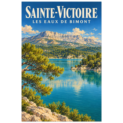 Affiche Sainte-Victoire Eaux de Bimont, illustration peinte / affiche de voyage rétro verticale, format 40 × 60 cm
