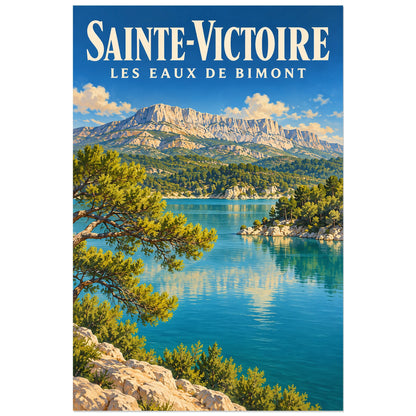 Affiche Sainte-Victoire Eaux de Bimont, illustration peinte / affiche de voyage rétro verticale, format 60 × 90 cm