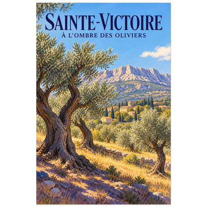 Affiche Sainte-Victoire Oliveraie provençale, illustration peinte / affiche de voyage rétro verticale, format 30 × 45 cm