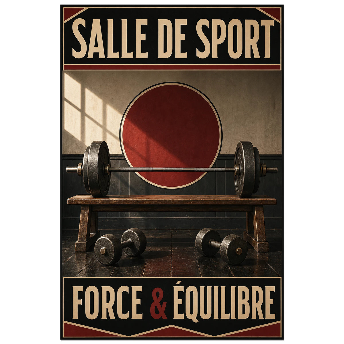 Barre et haltères sous la lumière d'une fenêtre, affiche 30 × 45 cm