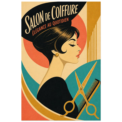 Affiche Salon de Coiffure – Élégance au Quotidien, illustration publicitaire de salon des années 1960 au lettrage élégant dessiné verticale, format 40 × 60 cm