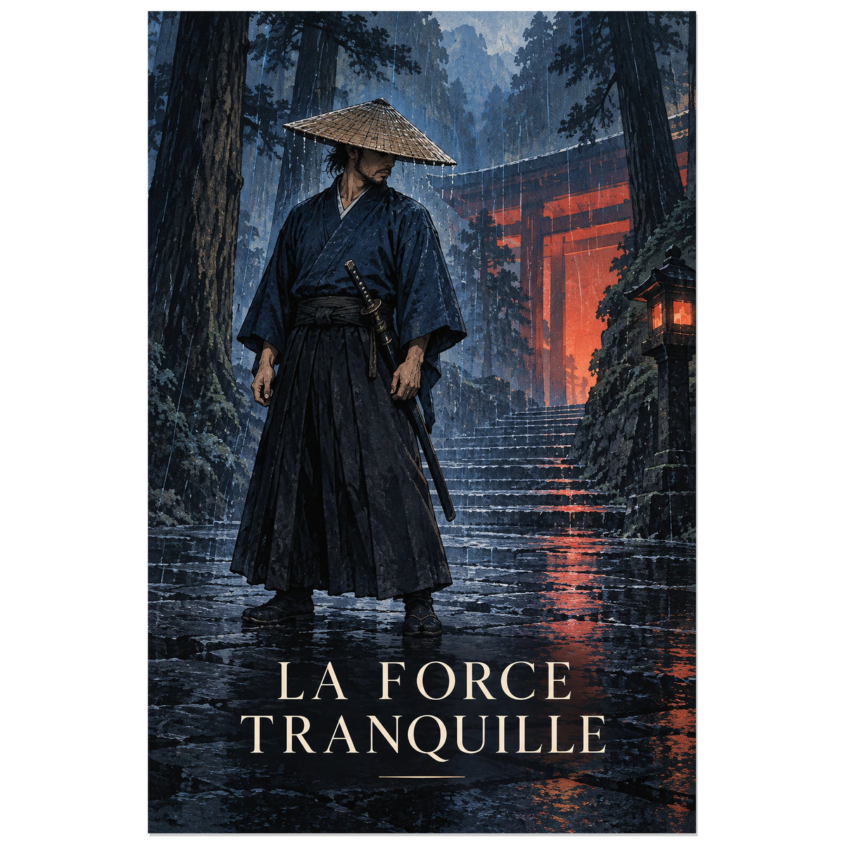 Affiche Samouraï - Force tranquille, illustration réaliste / esthétique d'estampe verticale, format 30 × 45 cm