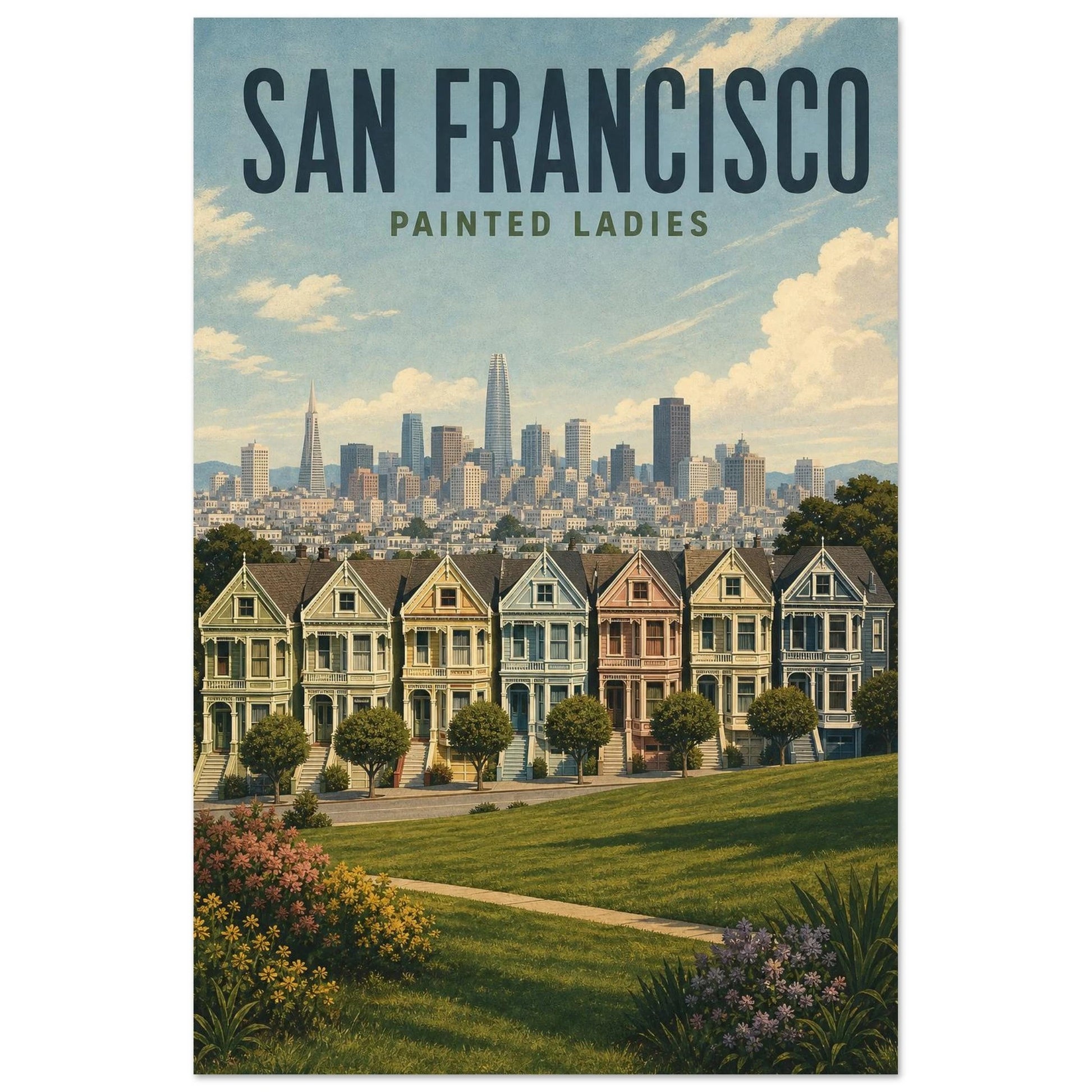 Affiche San Francisco – Painted Ladies, illustration verticale illustration mid-century, format 30 × 45 cm