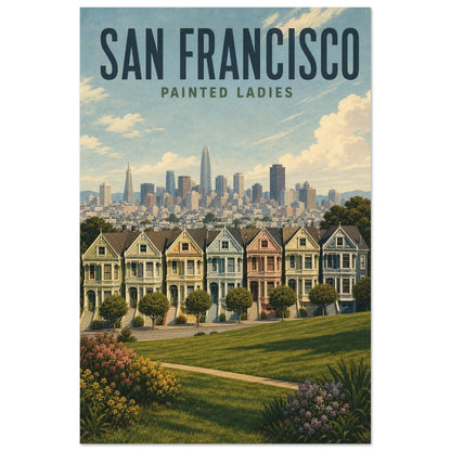 Affiche San Francisco – Painted Ladies, illustration verticale illustration mid-century, format 30 × 45 cm