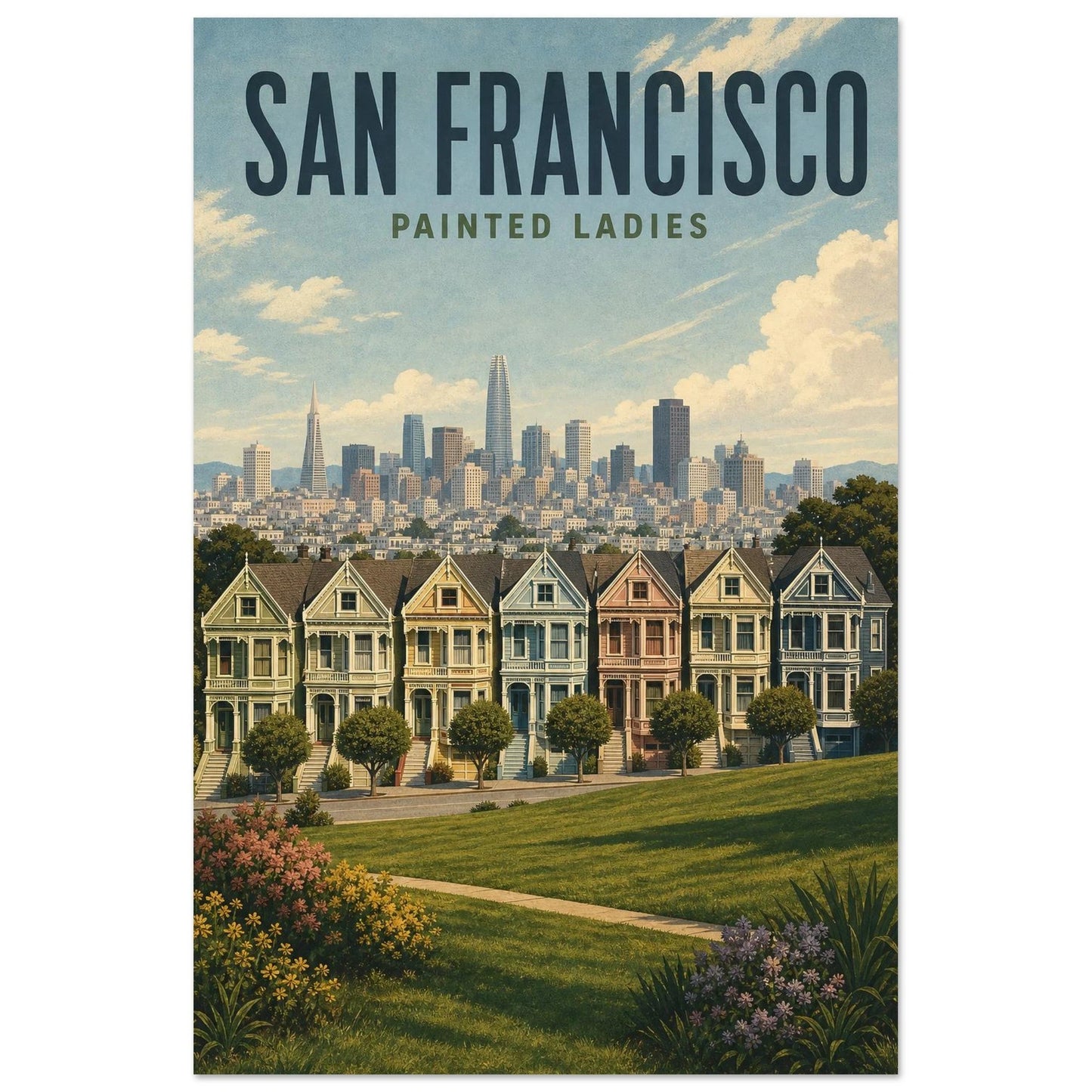 Affiche San Francisco – Painted Ladies, illustration verticale illustration mid-century, format 40 × 60 cm
