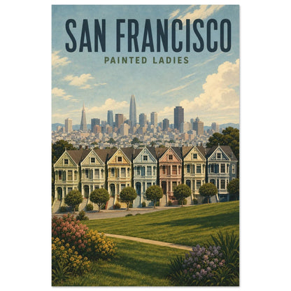 Affiche San Francisco – Painted Ladies, illustration verticale illustration mid-century, format 40 × 60 cm