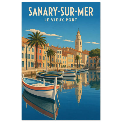Affiche Sanary-sur-Mer – Le Vieux Port, illustration éditoriale verticale, format 40 × 60 cm