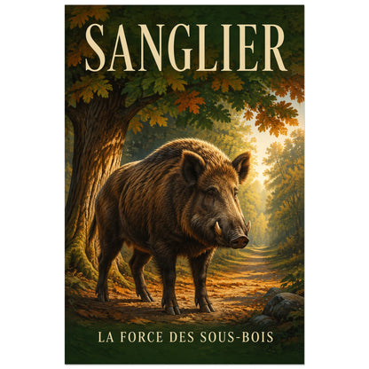 Affiche Sanglier, la force des sous-bois, illustration naturaliste peinte à typographie intégrée verticale, format 30 × 45 cm