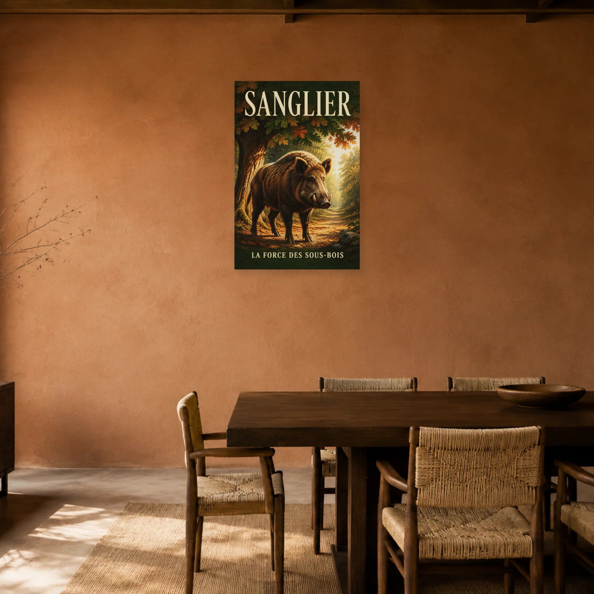 Affiche Sanglier, la force des sous-bois dans une salle à manger - Art Virtuoso