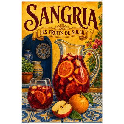 Affiche Sangria, les fruits du soleil, nature morte gastronomique peinte d’inspiration méditerranéenne et vintage verticale, format 30 × 45 cm