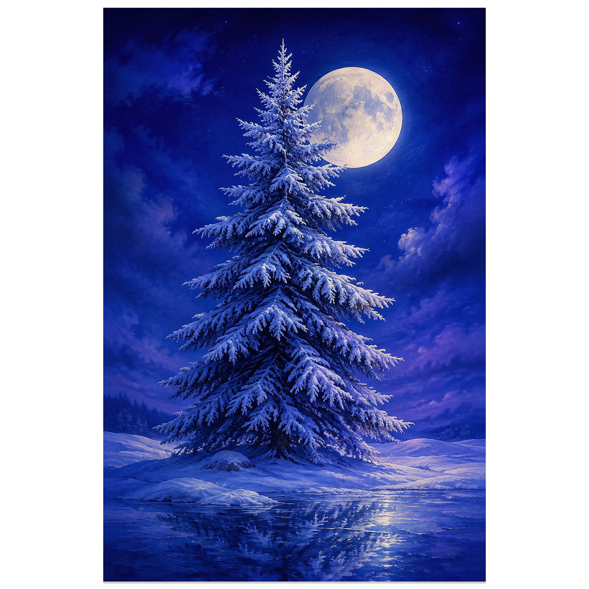 Affiche Sapin givré – Lune d'hiver, illustration hivernale / gouache nocturne verticale, format 30 × 45 cm