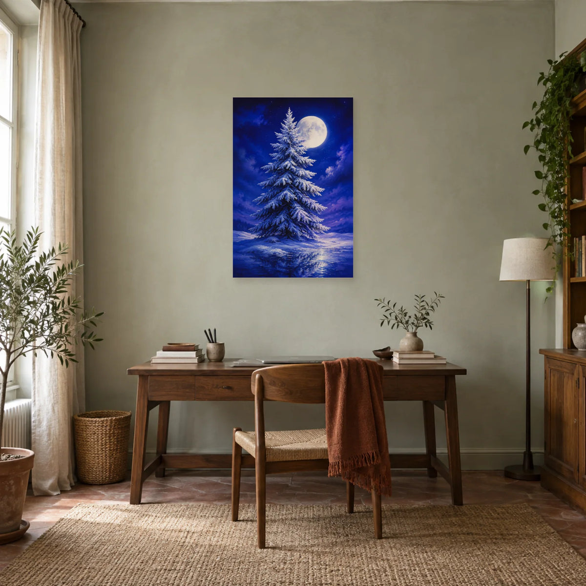 Affiche Sapin givré – Lune d'hiver dans un bureau - Art Virtuoso