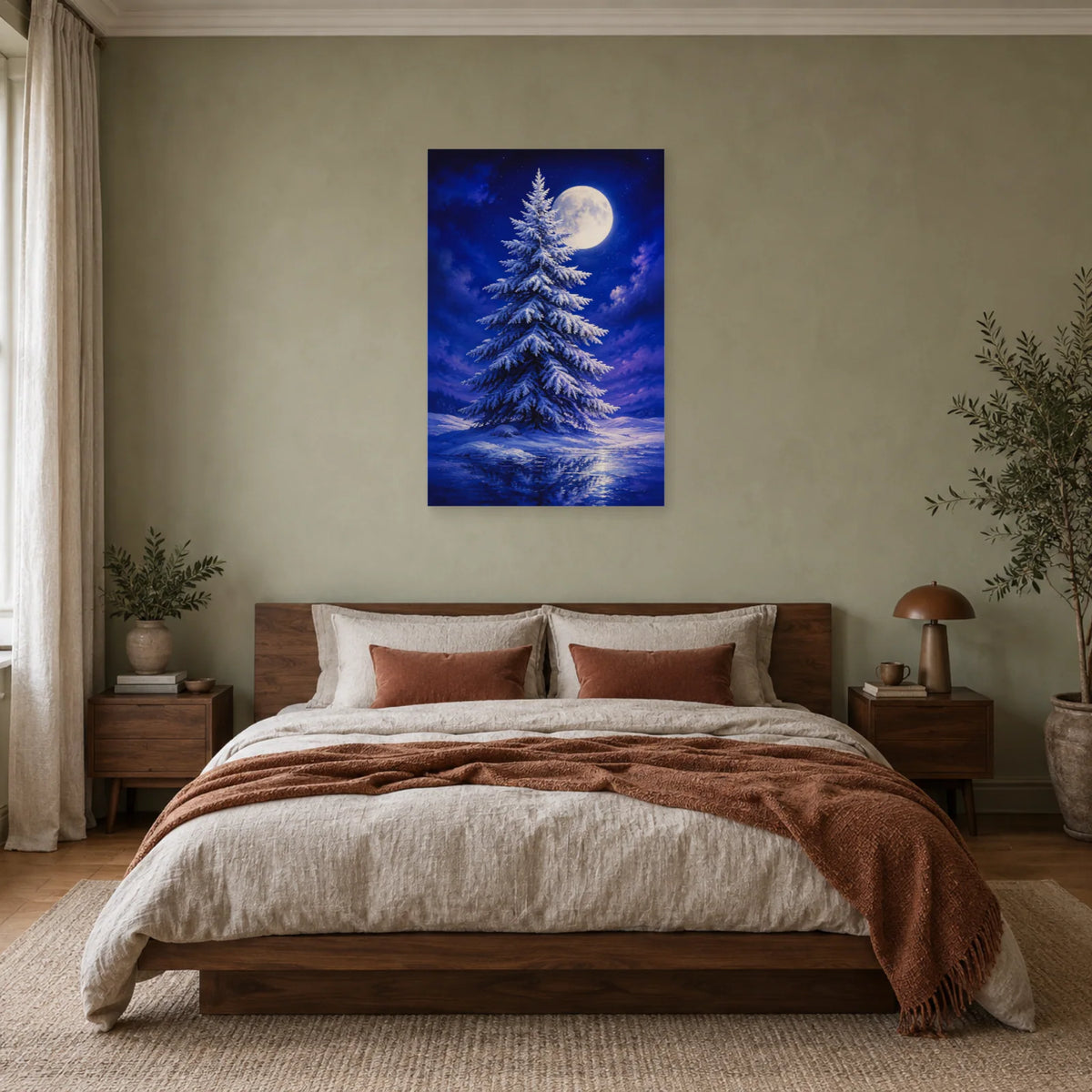 Affiche Sapin givré – Lune d'hiver dans une chambre - Art Virtuoso