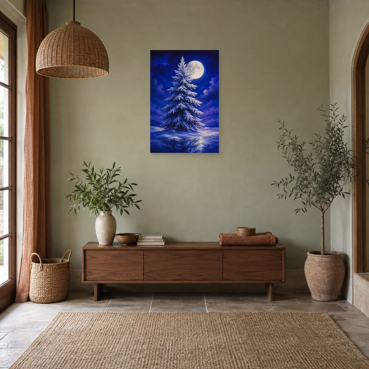 Affiche Sapin givré – Lune d'hiver dans une entrée ou un couloir - Art Virtuoso