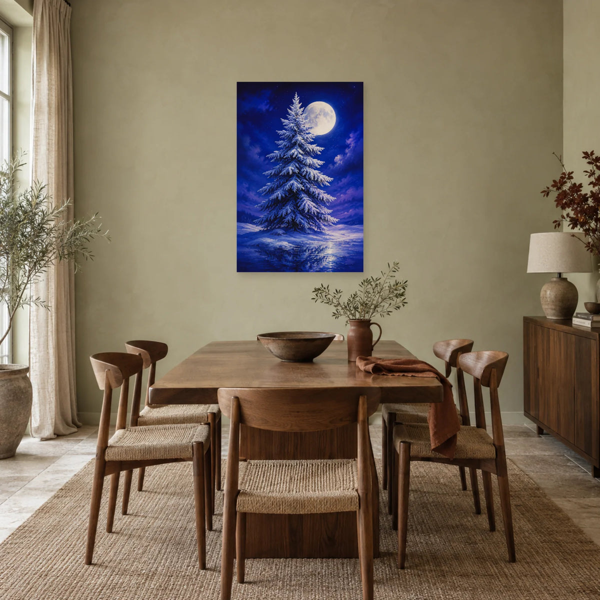 Affiche Sapin givré – Lune d'hiver dans une salle à manger - Art Virtuoso