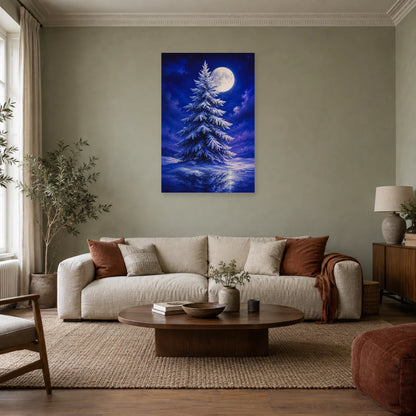 Affiche Sapin givré – Lune d'hiver dans un salon - Art Virtuoso