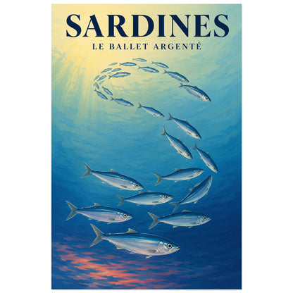 Affiche Sardines – Le ballet argenté, gouache naturaliste / affiche décorative verticale, format 30 × 45 cm