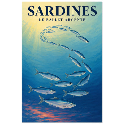 Affiche Sardines – Le ballet argenté, gouache naturaliste / affiche décorative verticale, format 60 × 90 cm