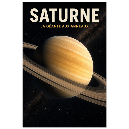 Affiche Saturne – La géante aux anneaux, illustration astronomique réaliste et cinématographique verticale, format 30 × 45 cm