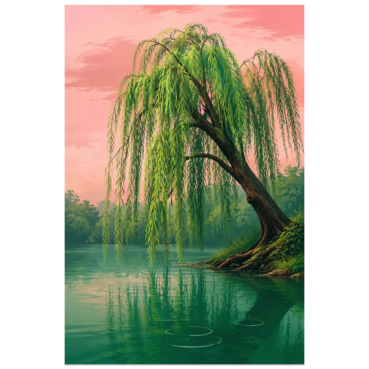 Affiche Saule pleureur – Étang vert, peinture éditoriale / paysage contemporain verticale, format 60 × 90 cm