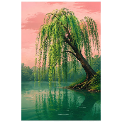 Affiche Saule pleureur – Étang vert, peinture éditoriale / paysage contemporain verticale, format 60 × 90 cm