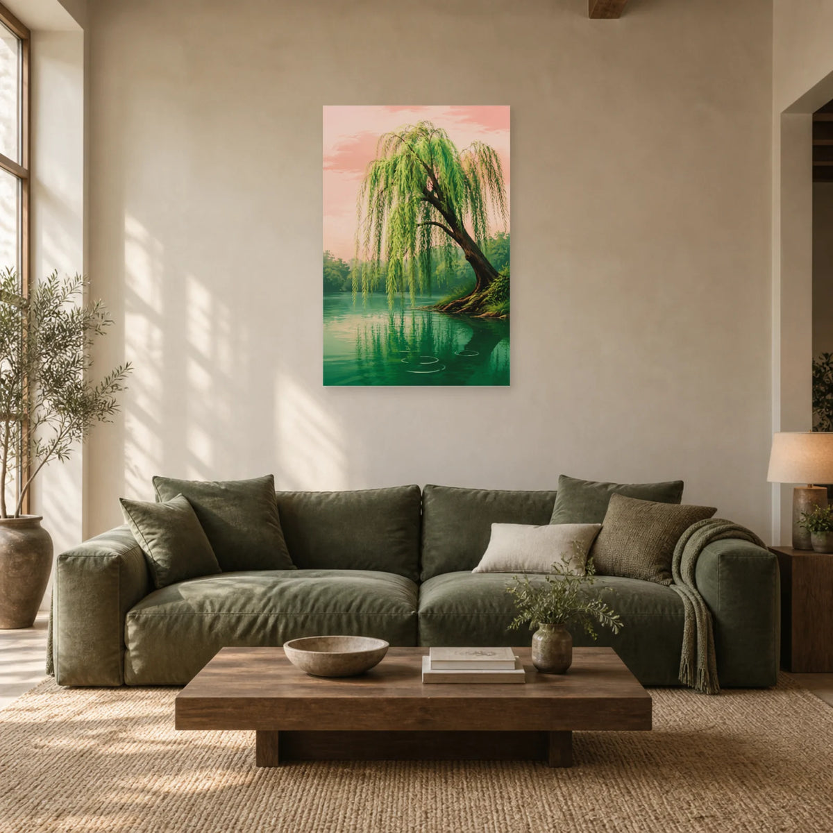 Affiche Saule pleureur – Étang vert dans un salon - Art Virtuoso