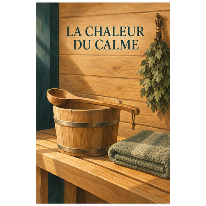 Serviette vert sauge et feuillage près d'un seau en bois, affiche 40 × 60 cm