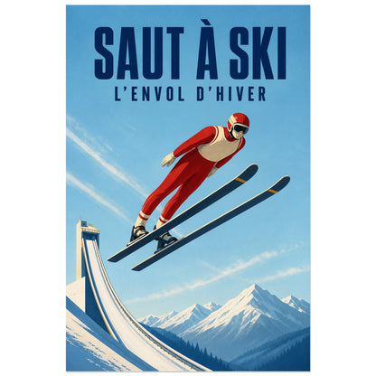 Affiche Saut à ski – L'envol d'hiver, illustration sportive rétro inspirée des affiches alpines verticale, format 40 × 60 cm