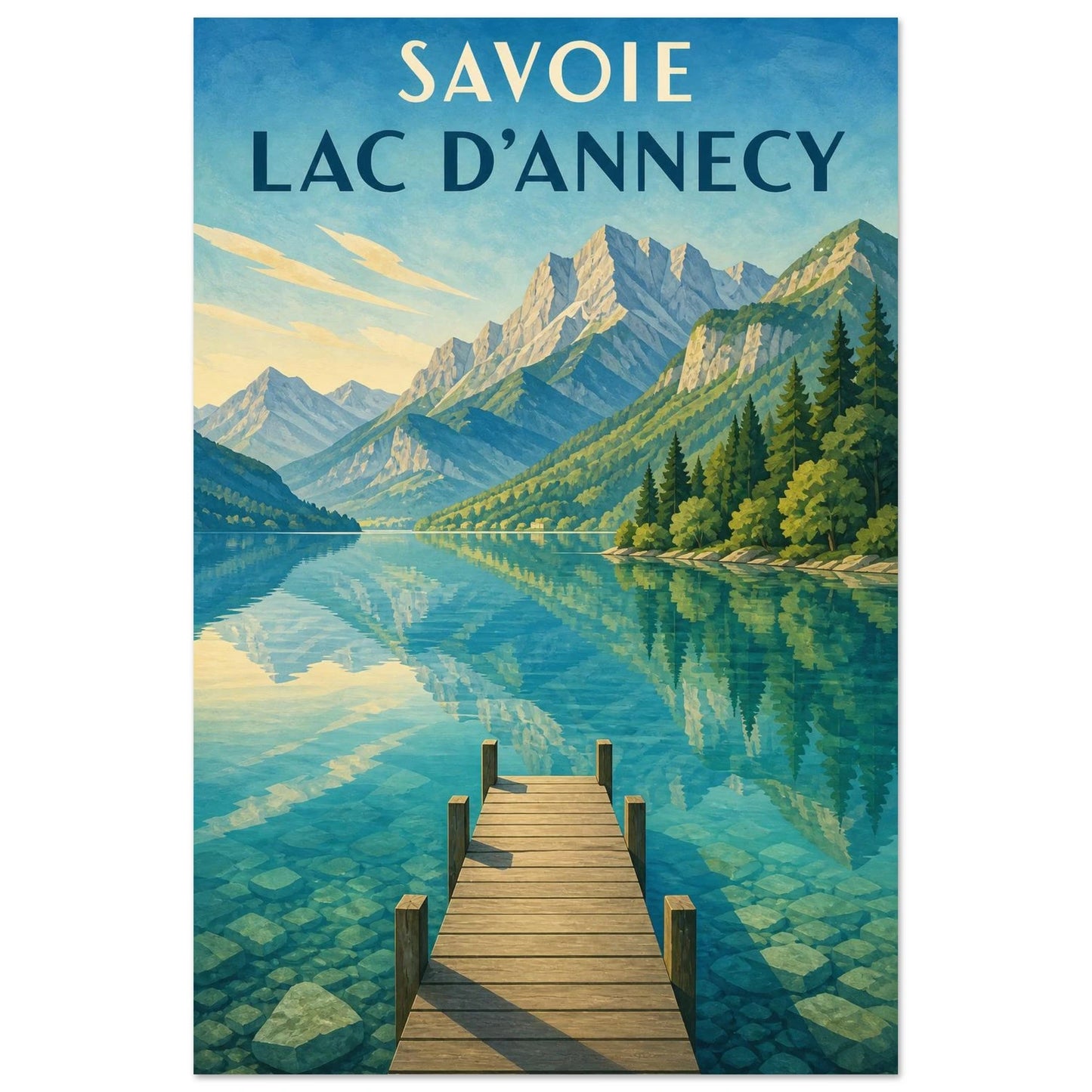 Affiche Savoie – Lac d’Annecy, illustration éditoriale verticale, format 40 × 60 cm