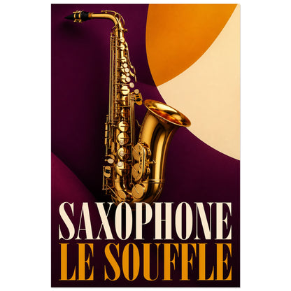 Affiche Saxophone – Le souffle, illustration éditoriale luxueuse aux formes courbes verticale, format 30 × 45 cm