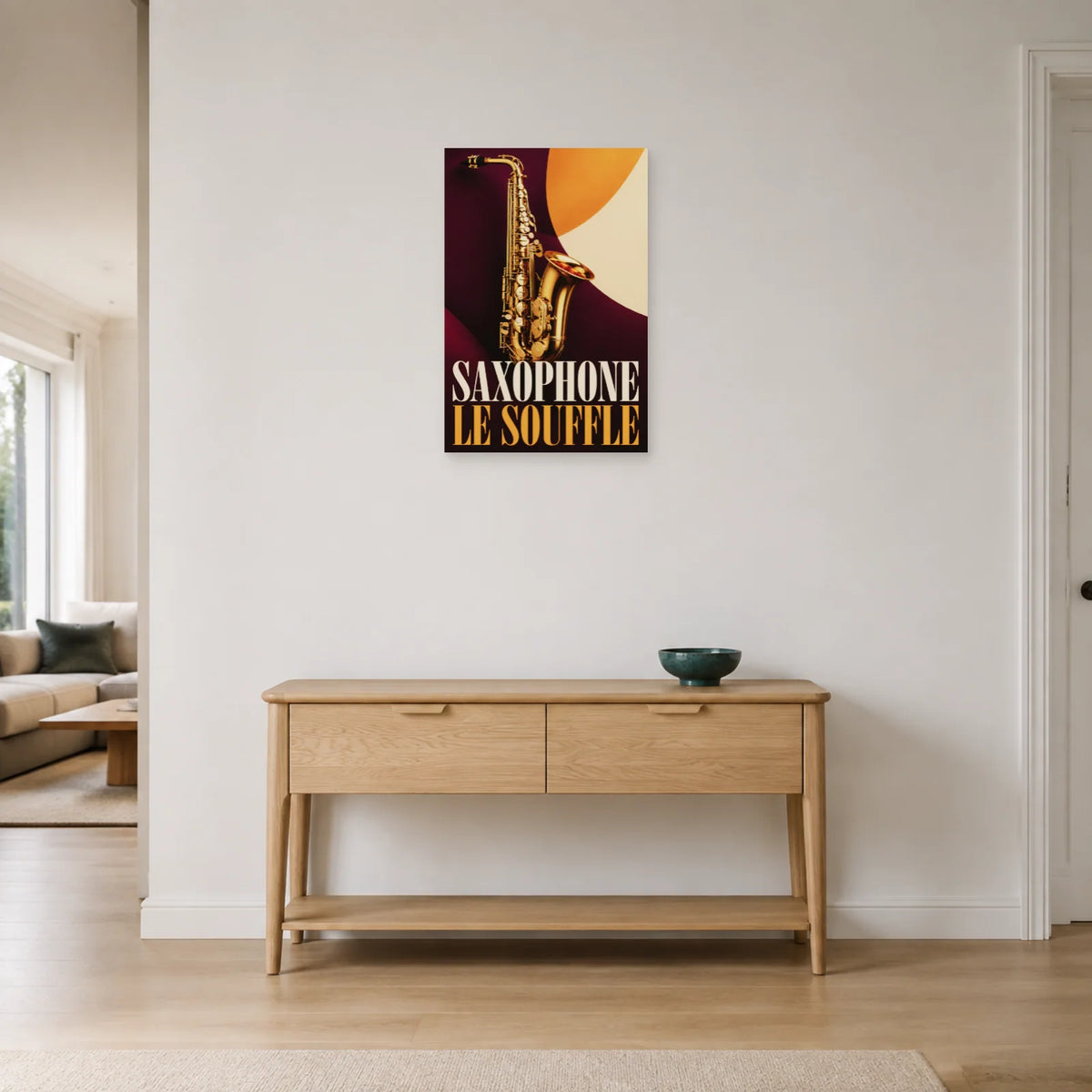 Affiche Saxophone – Le souffle dans une entrée ou un couloir - Art Virtuoso