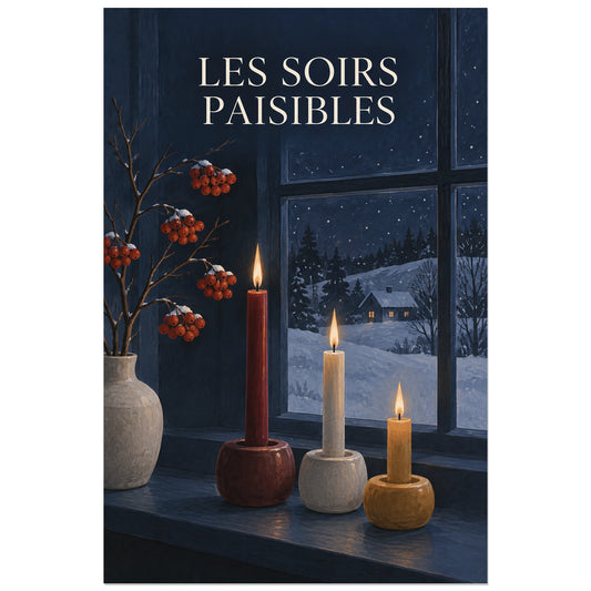 Affiche scandinave Bougies les soirs paisibles, illustration peinte / ambiance nocturne verticale, format 30 × 45 cm