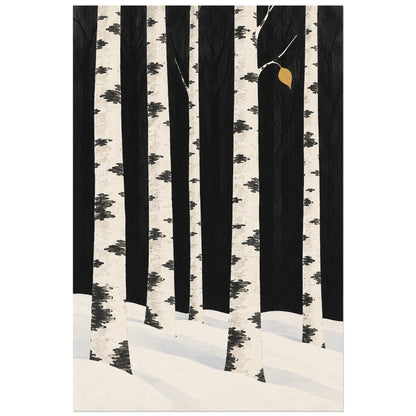 Affiche scandinave Bouleaux au rythme de l'hiver, illustration graphique / monochrome avec accent coloré verticale, format 30 × 45 cm