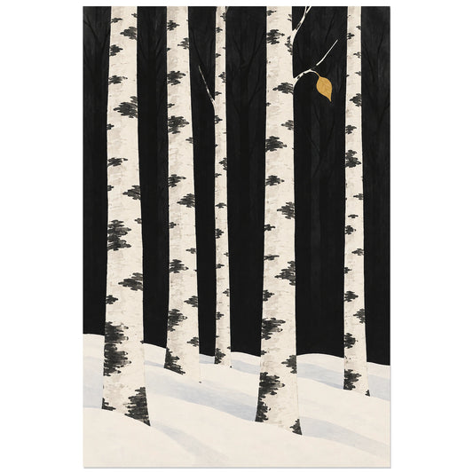 Affiche scandinave Bouleaux au rythme de l'hiver, illustration graphique / monochrome avec accent coloré verticale, format 30 × 45 cm