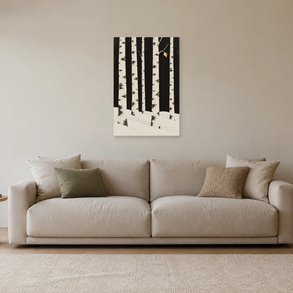 Affiche scandinave Bouleaux au rythme de l'hiver dans un salon - Art Virtuoso