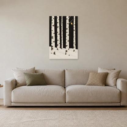 Affiche scandinave Bouleaux au rythme de l'hiver dans un salon - Art Virtuoso