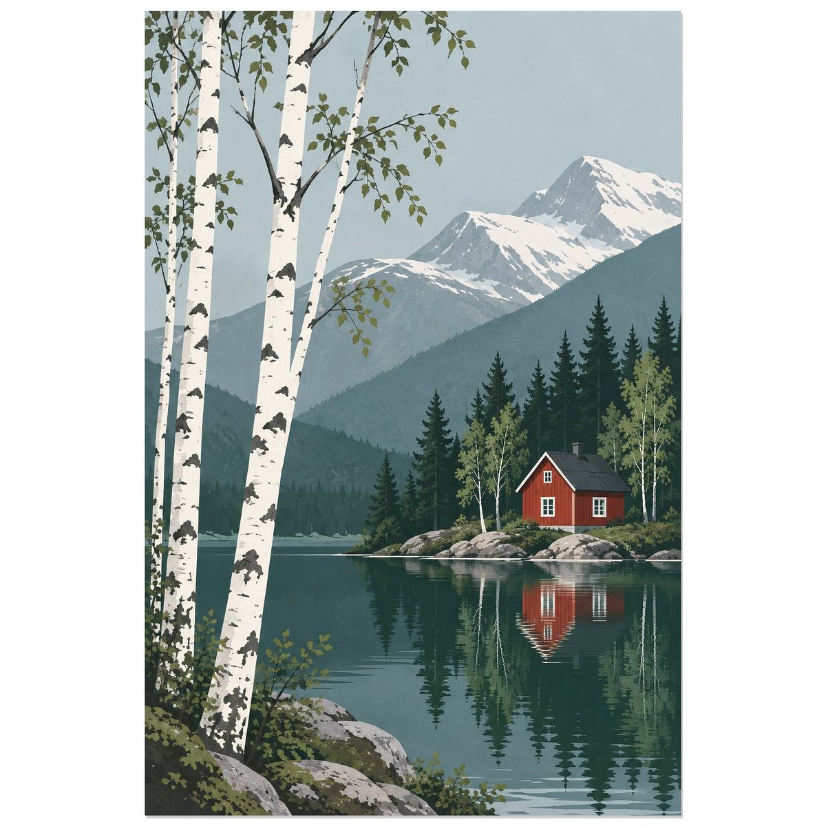 Affiche scandinave Cabane rouge et bouleaux, paysage illustré / graphisme nordique verticale, format 30 × 45 cm